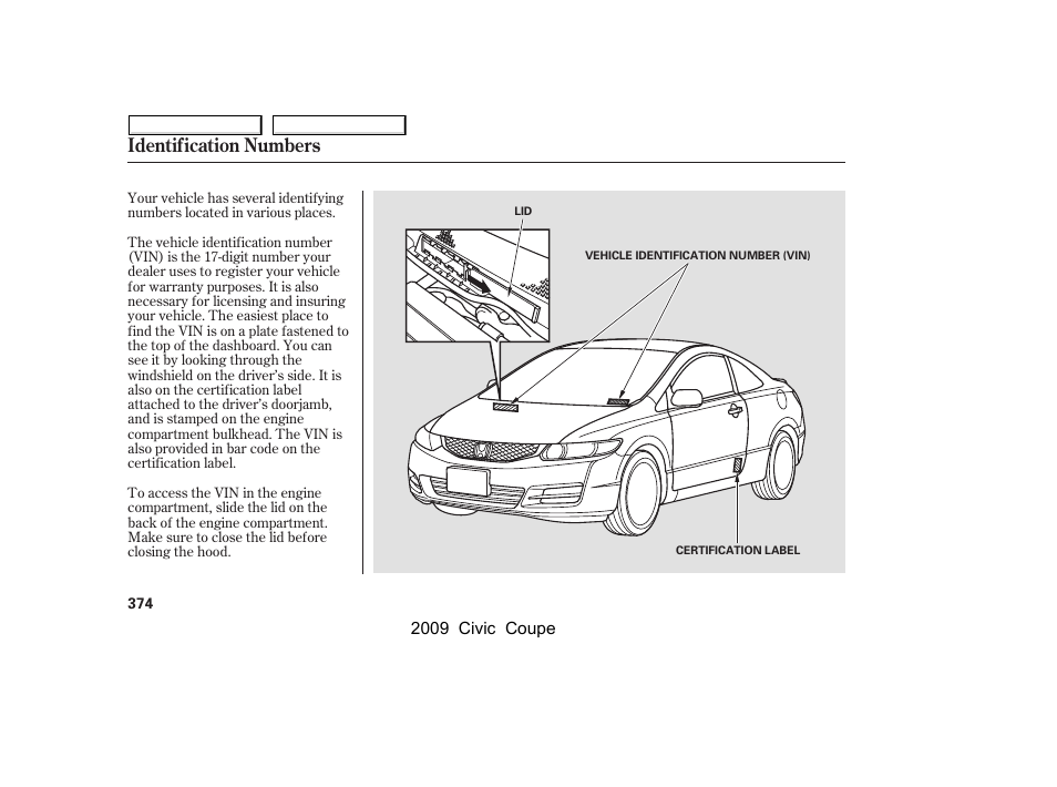 Identification numbers | HONDA 2009 Civic Coupe User Manual | Page 377 / 412