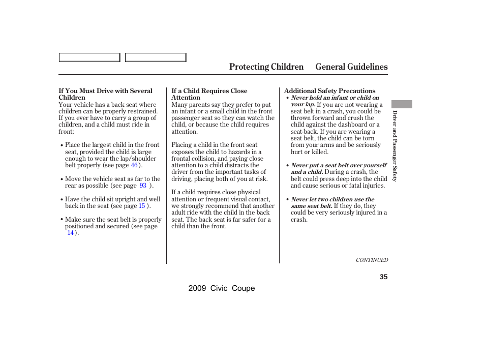 Protecting children general guidelines | HONDA 2009 Civic Coupe User Manual | Page 38 / 412