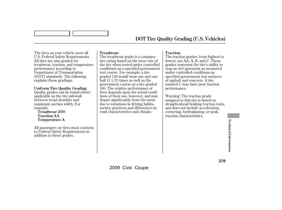 Dot tire quality grading (u.s. vehicles) | HONDA 2009 Civic Coupe User Manual | Page 382 / 412