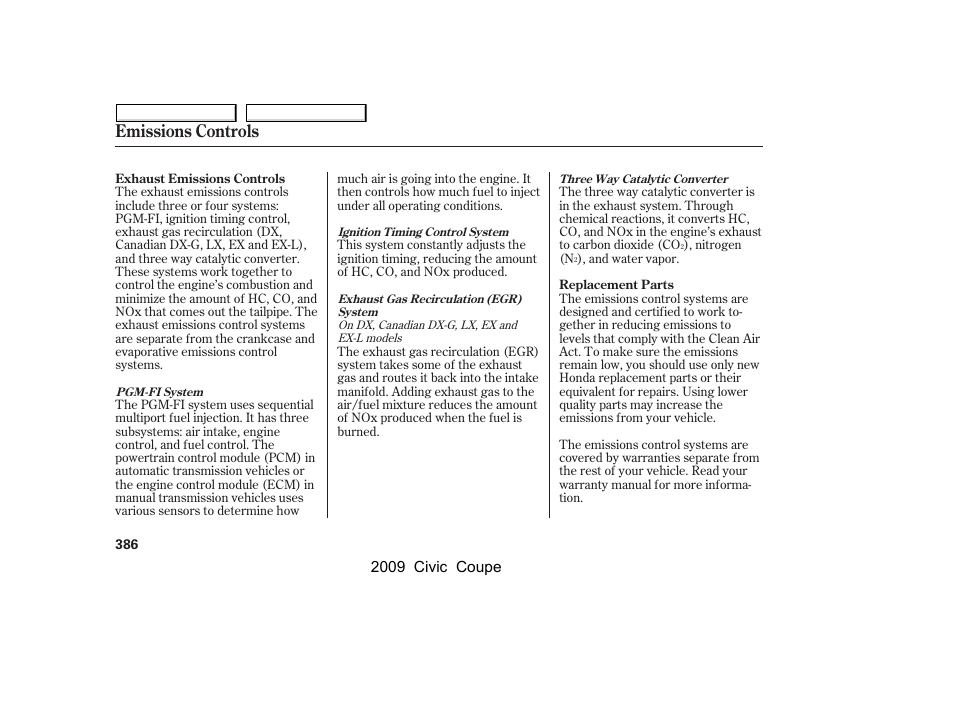 Emissions controls, 2009 civic coupe | HONDA 2009 Civic Coupe User Manual | Page 389 / 412