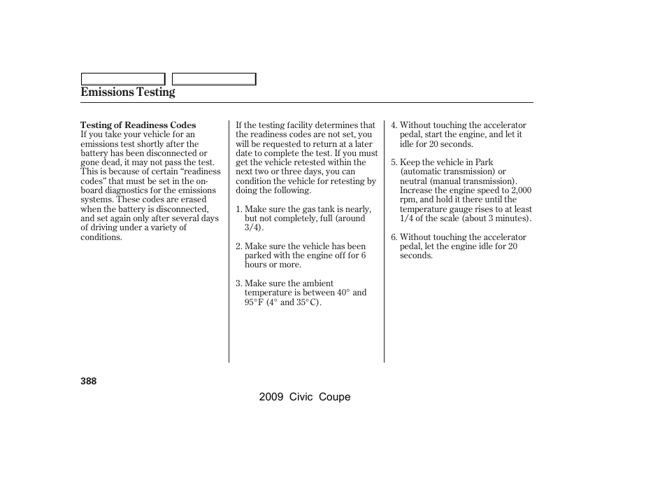 Emissions testing | HONDA 2009 Civic Coupe User Manual | Page 391 / 412