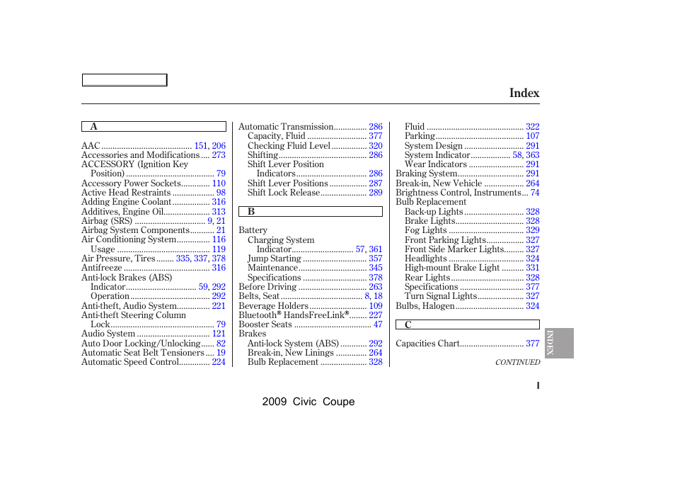 Index | HONDA 2009 Civic Coupe User Manual | Page 400 / 412