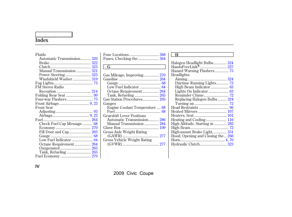 Index | HONDA 2009 Civic Coupe User Manual | Page 403 / 412