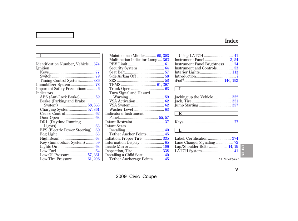 Index | HONDA 2009 Civic Coupe User Manual | Page 404 / 412