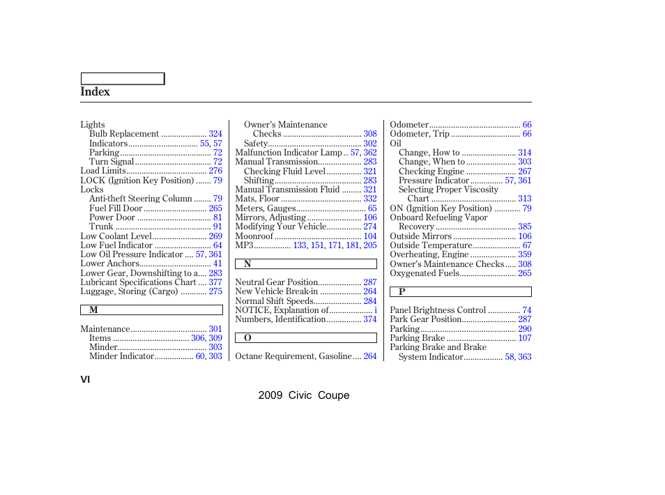 Index | HONDA 2009 Civic Coupe User Manual | Page 405 / 412