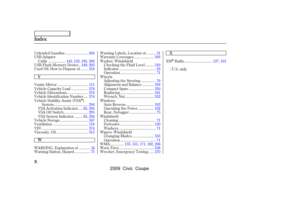 Index | HONDA 2009 Civic Coupe User Manual | Page 409 / 412