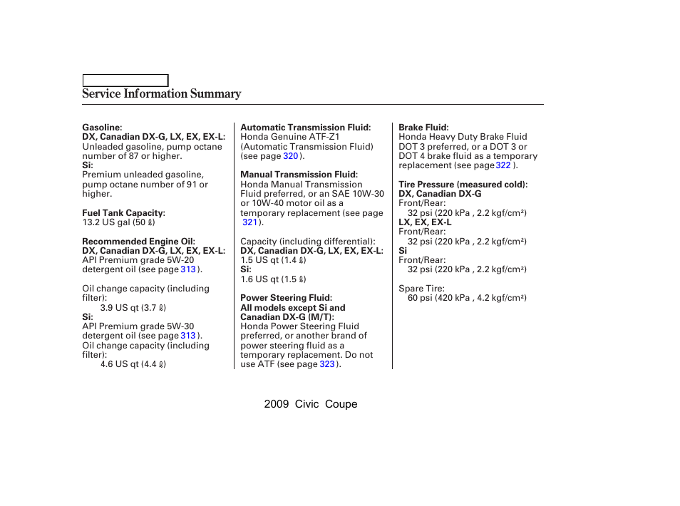 Service information summary | HONDA 2009 Civic Coupe User Manual | Page 411 / 412