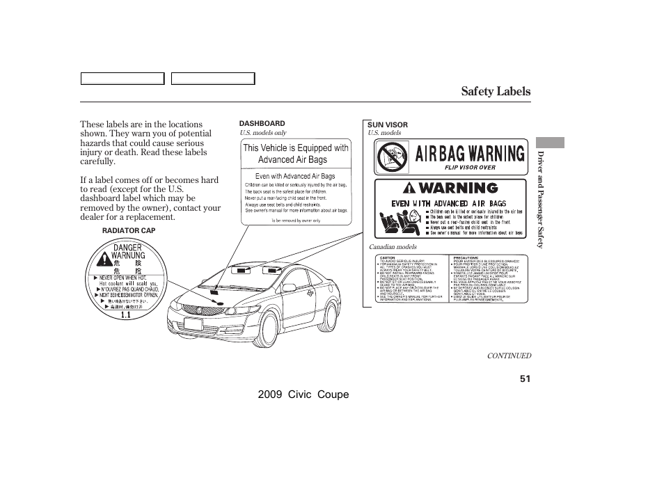 Safety labels, 2009 civic coupe | HONDA 2009 Civic Coupe User Manual | Page 54 / 412