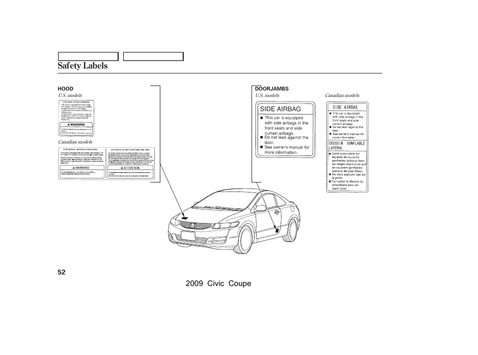 Safety labels, 2009 civic coupe | HONDA 2009 Civic Coupe User Manual | Page 55 / 412