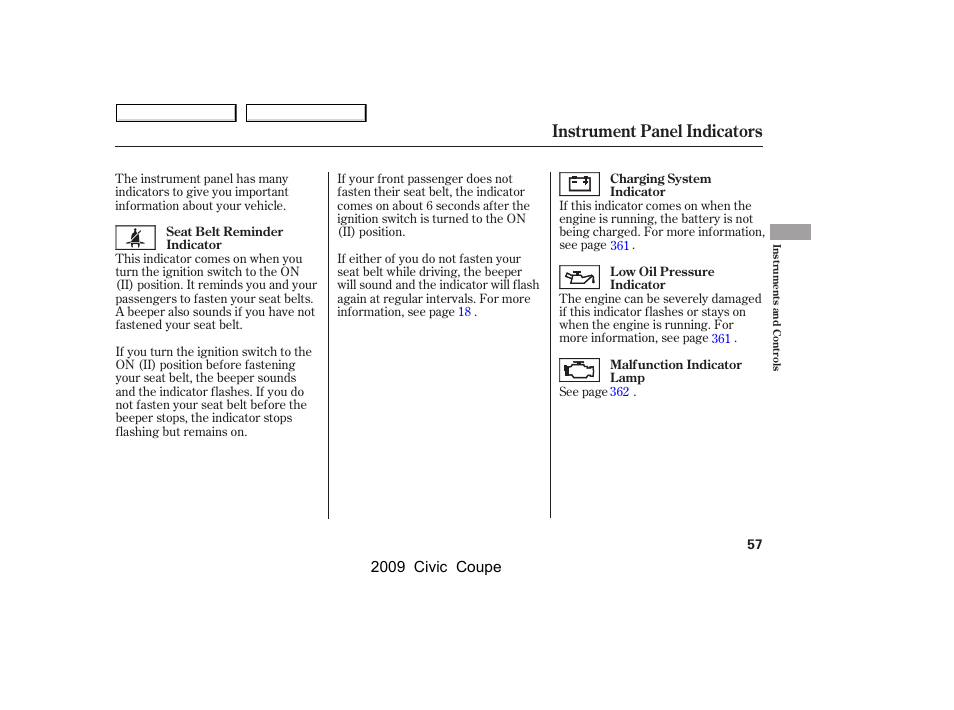 Instrument panel indicators | HONDA 2009 Civic Coupe User Manual | Page 60 / 412