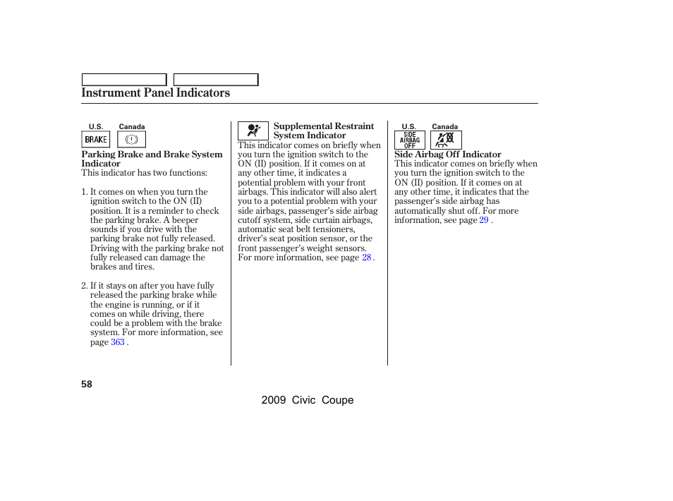 Instrument panel indicators | HONDA 2009 Civic Coupe User Manual | Page 61 / 412