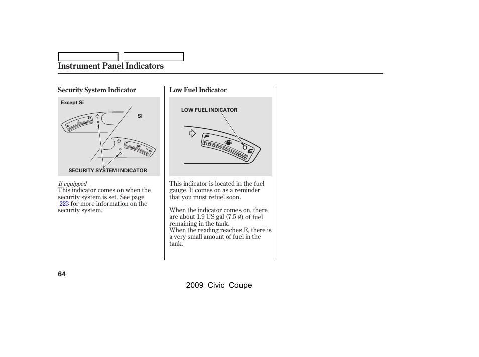 Instrument panel indicators | HONDA 2009 Civic Coupe User Manual | Page 67 / 412