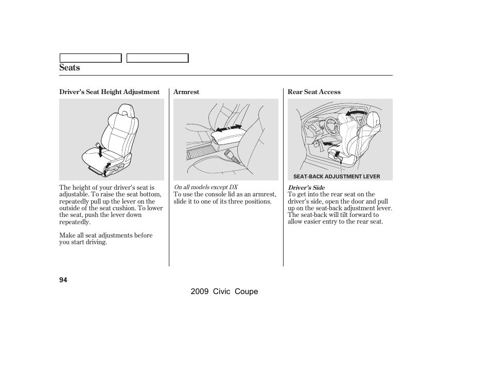 Seats | HONDA 2009 Civic Coupe User Manual | Page 97 / 412