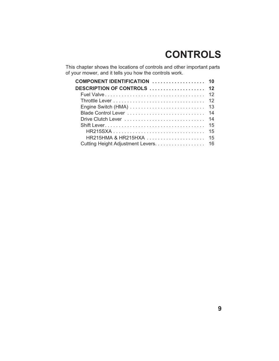 Controls | HONDA HR215SXA User Manual | Page 11 / 95