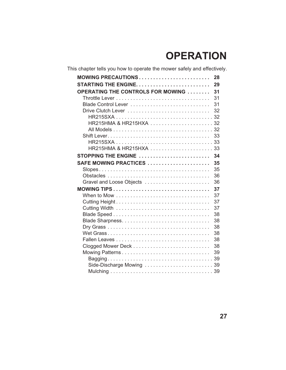 Operation | HONDA HR215SXA User Manual | Page 29 / 95