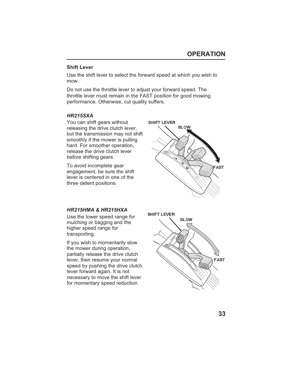 Operation 33 | HONDA HR215SXA User Manual | Page 35 / 95