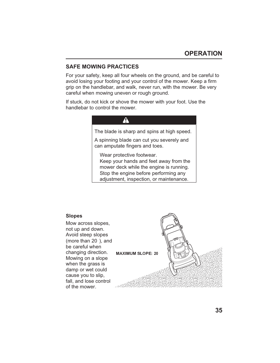 Warning, Operation 35 | HONDA HR215SXA User Manual | Page 37 / 95