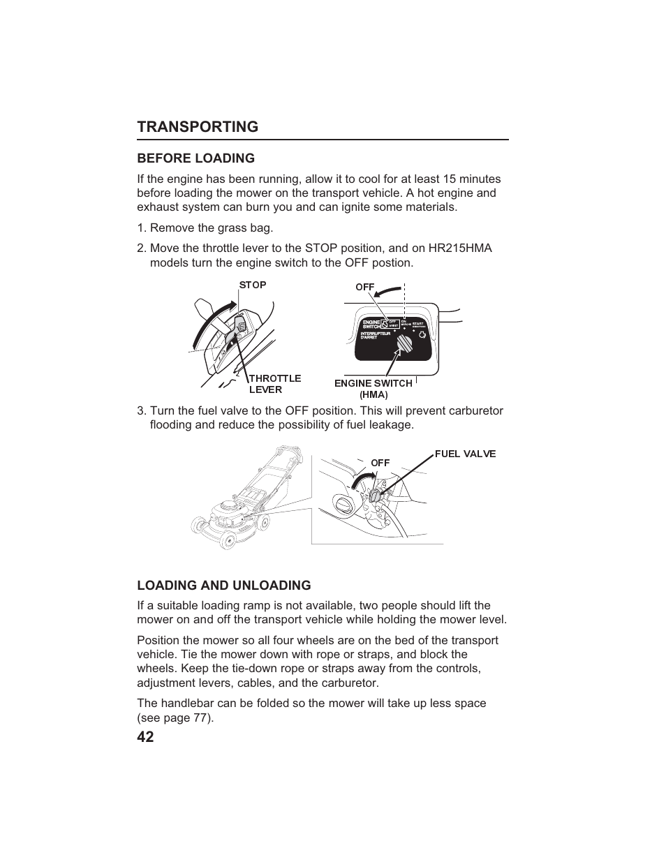 Transporting 42 | HONDA HR215SXA User Manual | Page 44 / 95