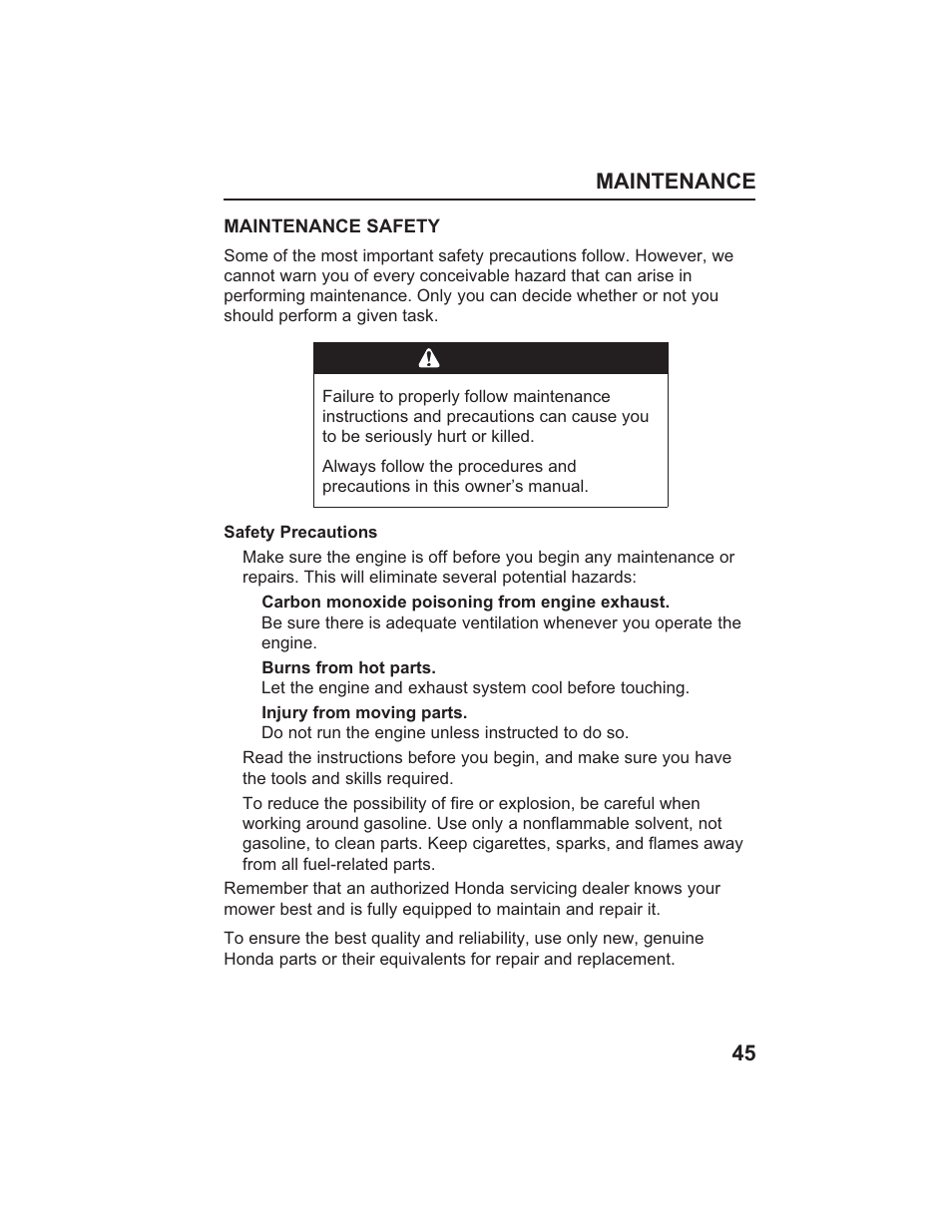 Warning, Maintenance 45 | HONDA HR215SXA User Manual | Page 47 / 95