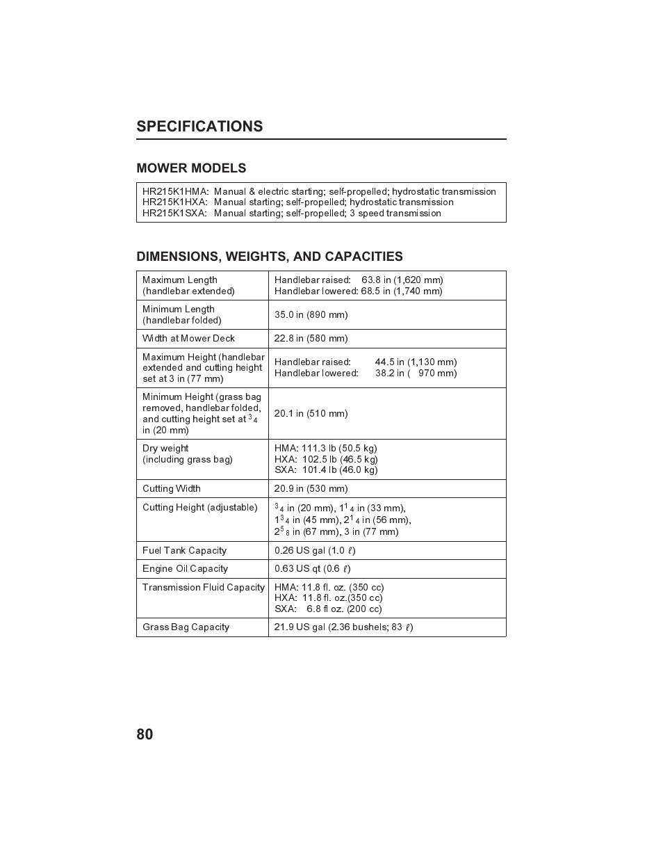 Specifications 80, Mower models, Dimensions, weights, and capacities | HONDA HR215SXA User Manual | Page 82 / 95