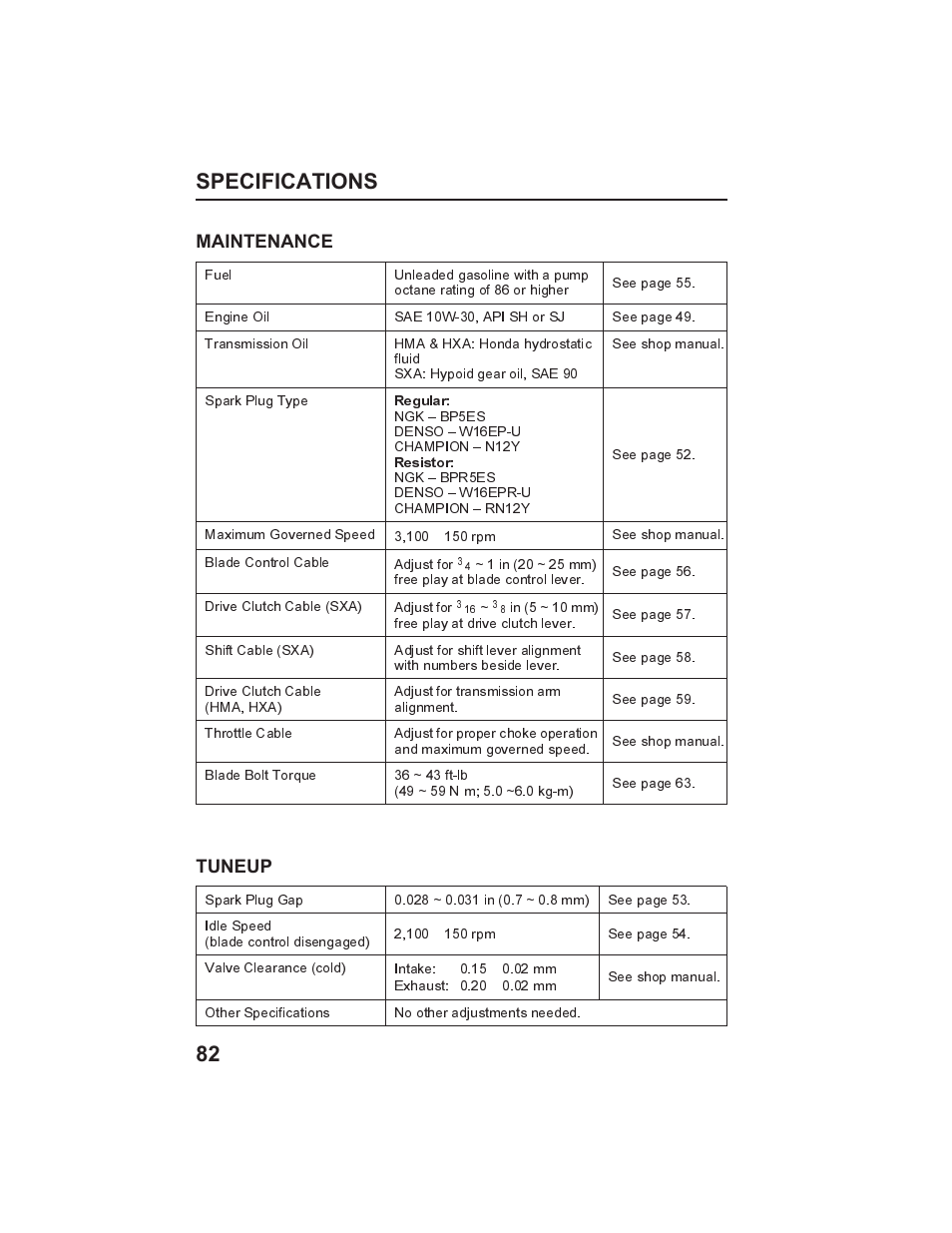 Specifications 82, Maintenance, Tuneup | HONDA HR215SXA User Manual | Page 84 / 95