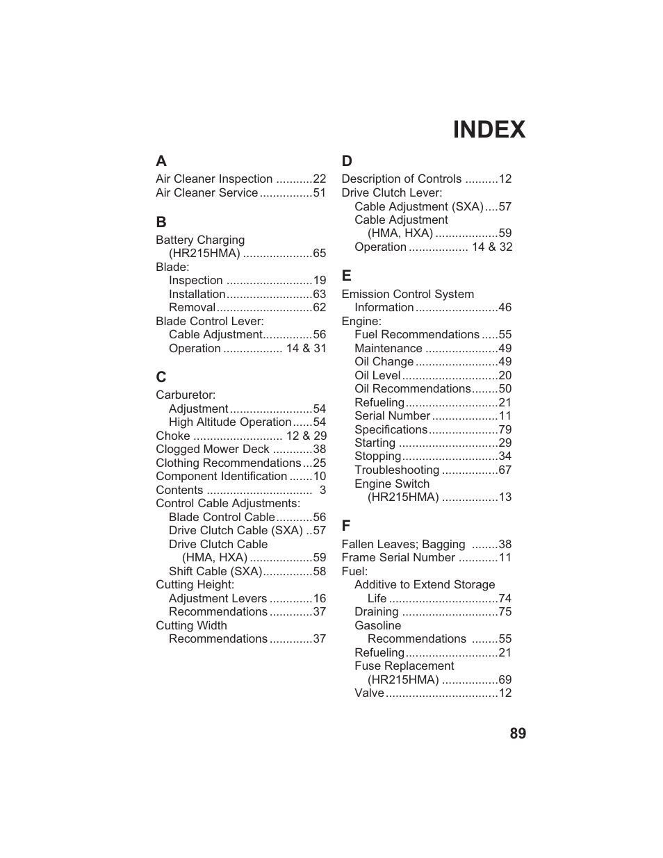 Index | HONDA HR215SXA User Manual | Page 91 / 95