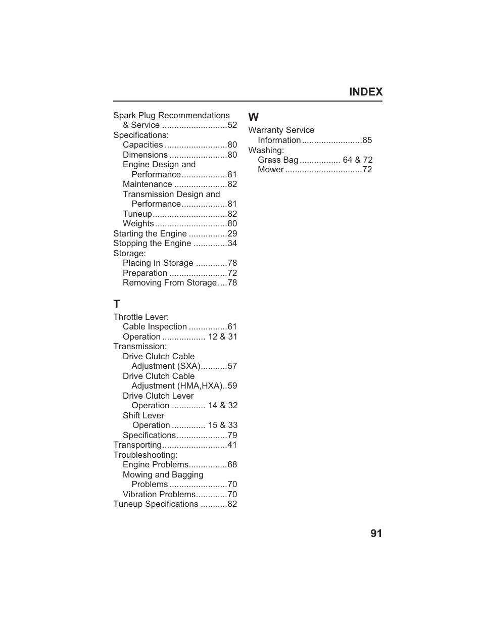 Index 91 | HONDA HR215SXA User Manual | Page 93 / 95