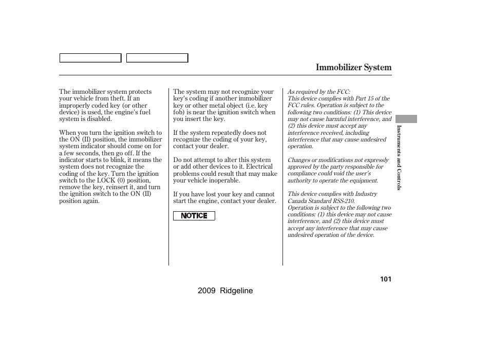Immobilizer system, 2009 ridgeline | HONDA 2009 Ridgeline User Manual | Page 105 / 427