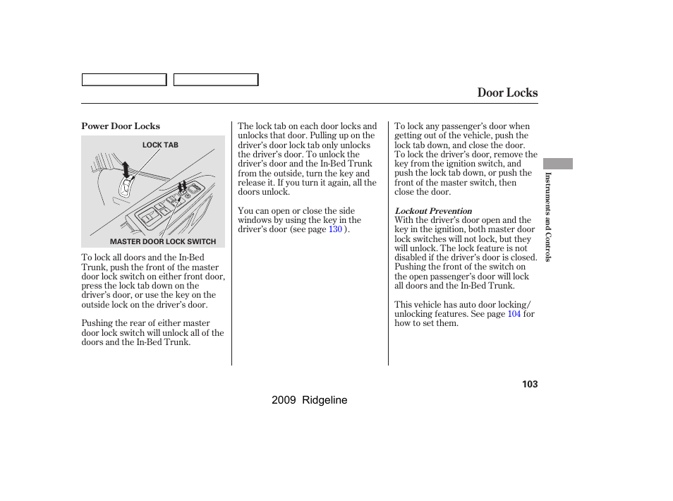 Door locks, 2009 ridgeline | HONDA 2009 Ridgeline User Manual | Page 107 / 427
