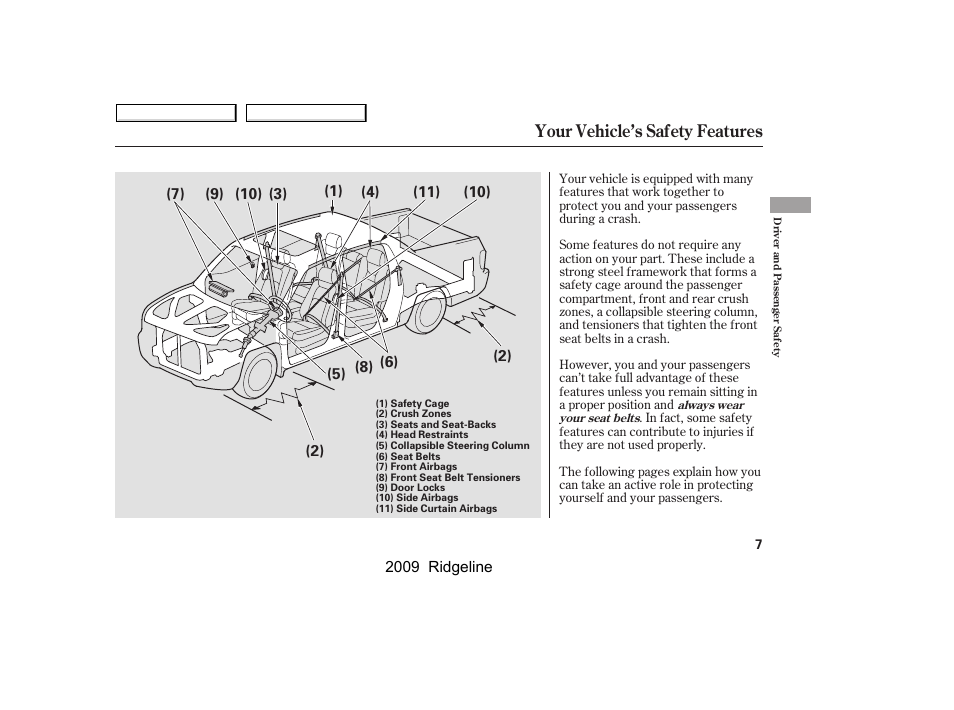 Your vehicle’s safety features | HONDA 2009 Ridgeline User Manual | Page 11 / 427