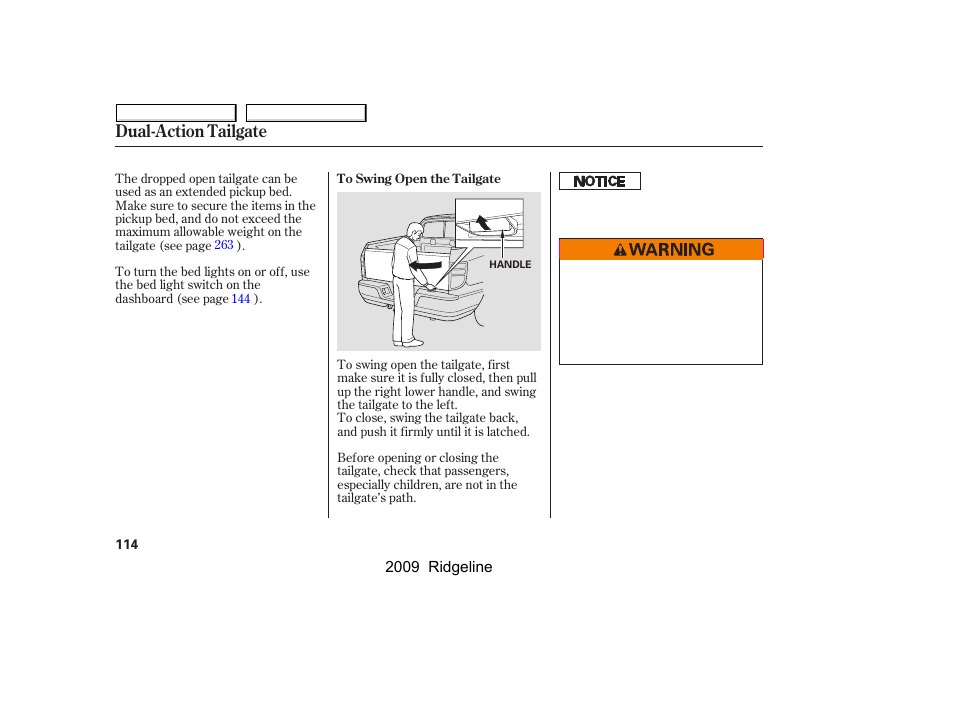 Dual-action tailgate | HONDA 2009 Ridgeline User Manual | Page 118 / 427