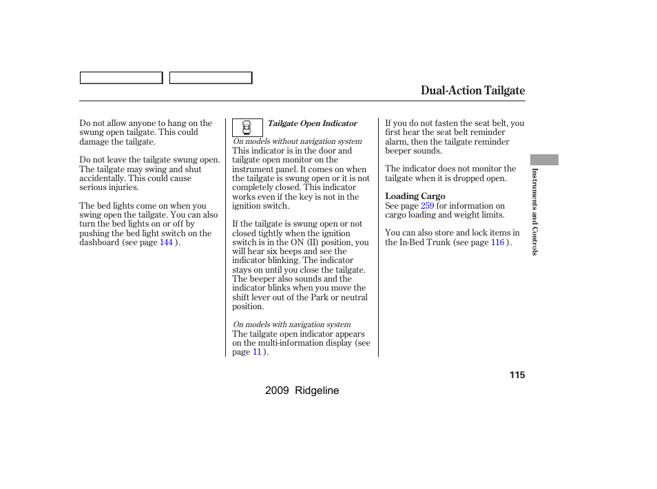 Dual-action tailgate, 2009 ridgeline | HONDA 2009 Ridgeline User Manual | Page 119 / 427