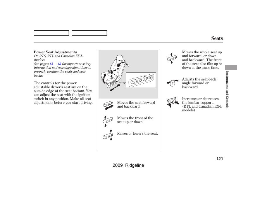 Seats, 2009 ridgeline | HONDA 2009 Ridgeline User Manual | Page 125 / 427