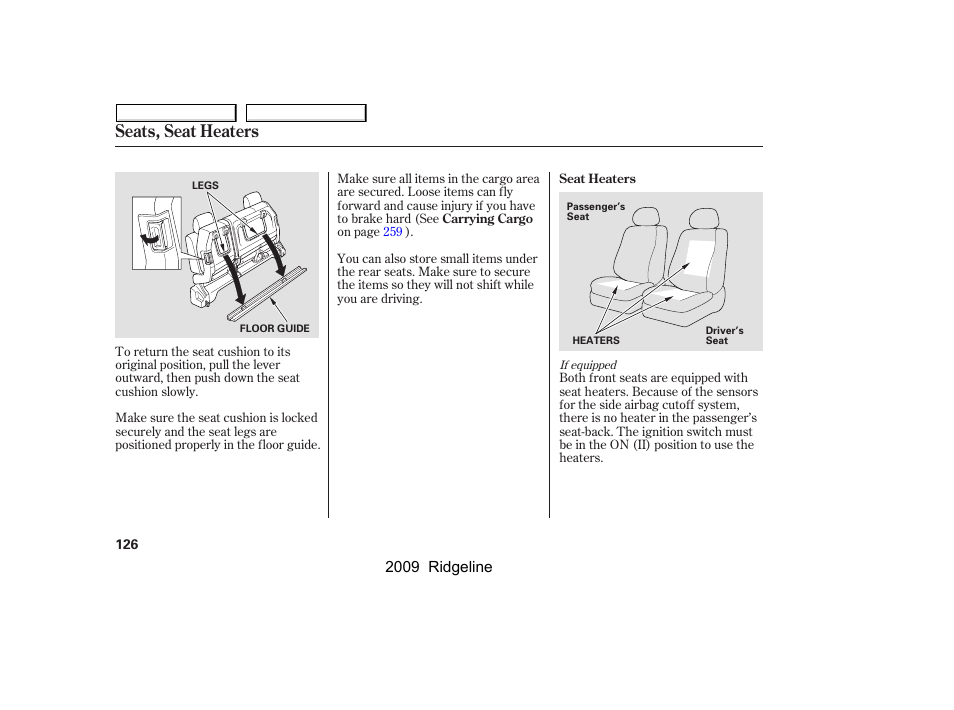 Seats, seat heaters | HONDA 2009 Ridgeline User Manual | Page 130 / 427