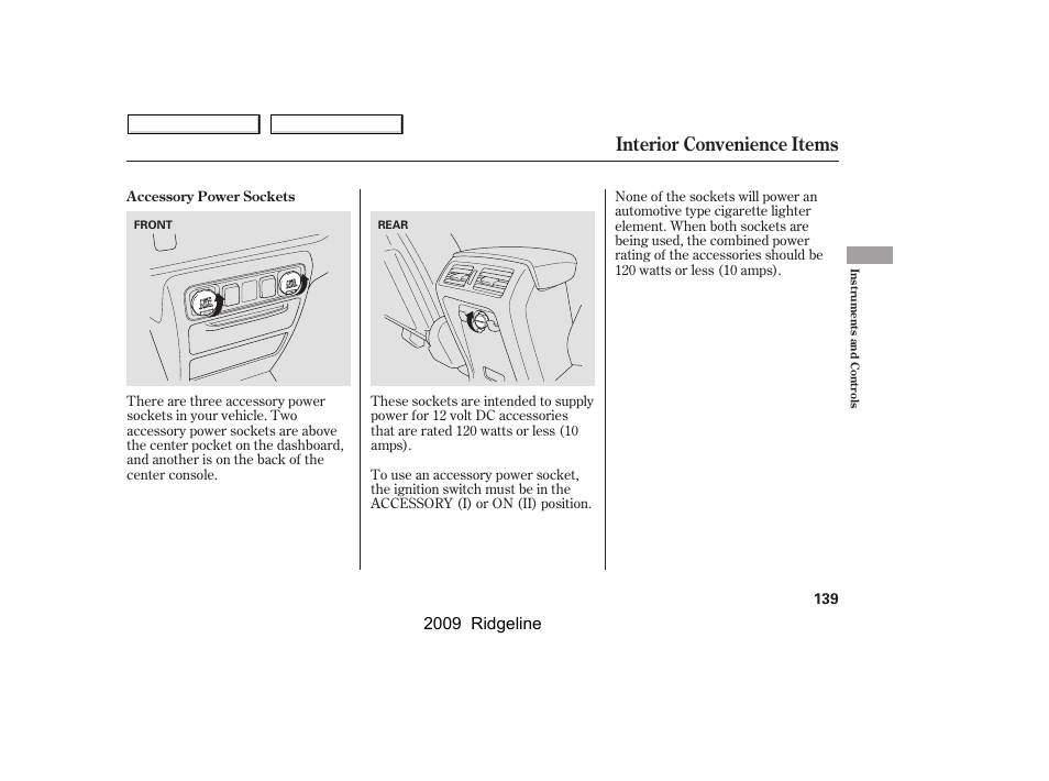 Interior convenience items, 2009 ridgeline | HONDA 2009 Ridgeline User Manual | Page 143 / 427