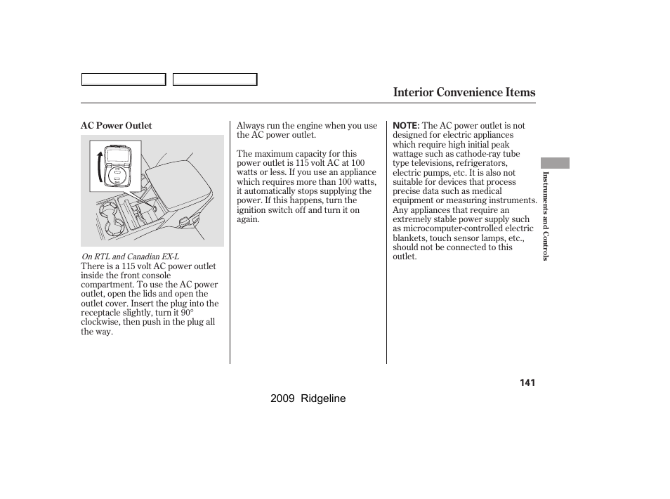 Interior convenience items, 2009 ridgeline | HONDA 2009 Ridgeline User Manual | Page 145 / 427