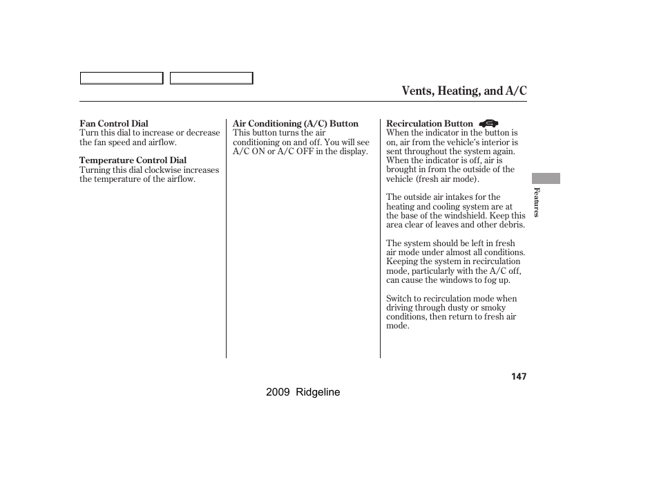 Vents, heating, and a/c | HONDA 2009 Ridgeline User Manual | Page 151 / 427