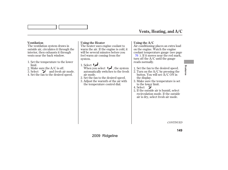 Vents, heating, and a/c | HONDA 2009 Ridgeline User Manual | Page 153 / 427