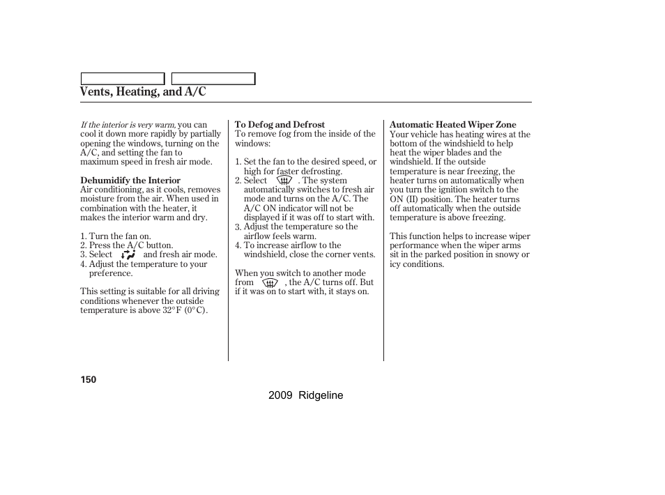 Vents, heating, and a/c | HONDA 2009 Ridgeline User Manual | Page 154 / 427