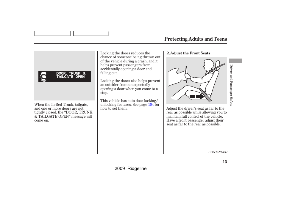 Protecting adults and teens, 2009 ridgeline | HONDA 2009 Ridgeline User Manual | Page 17 / 427