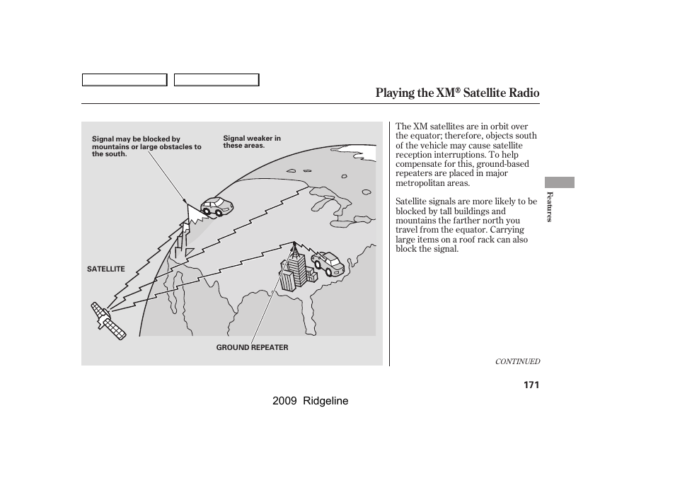 Playing the xm satellite radio, 2009 ridgeline | HONDA 2009 Ridgeline User Manual | Page 175 / 427