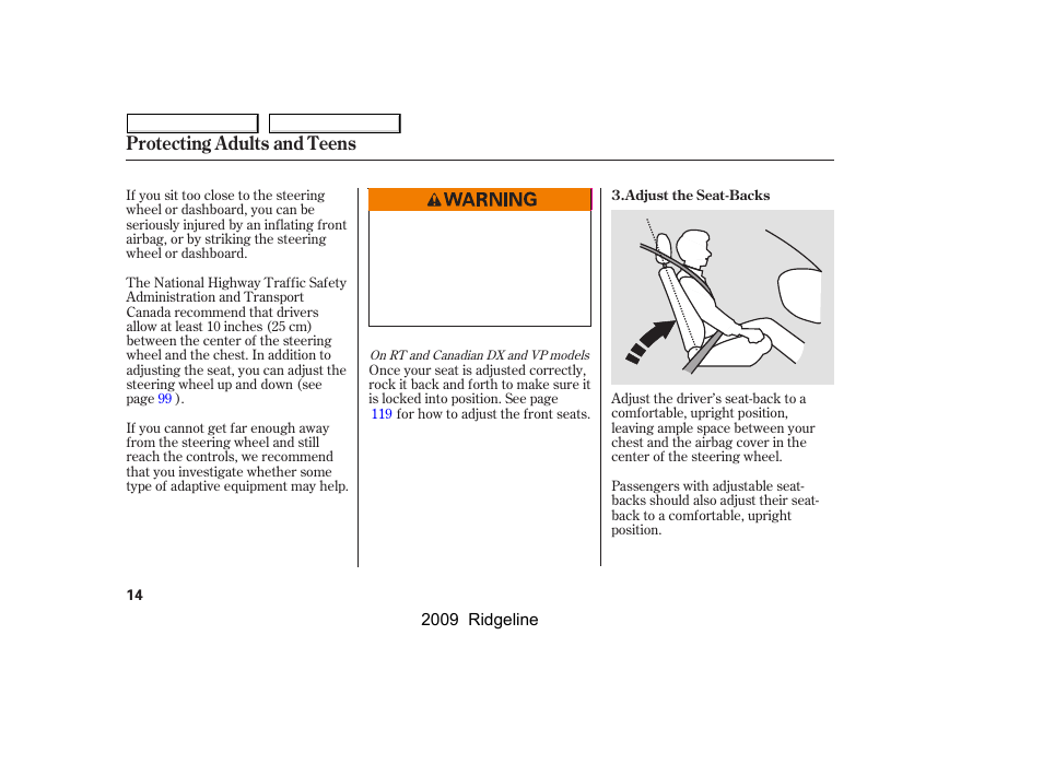 Protecting adults and teens | HONDA 2009 Ridgeline User Manual | Page 18 / 427