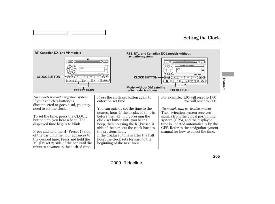 Setting the clock, 2009 ridgeline | HONDA 2009 Ridgeline User Manual | Page 209 / 427