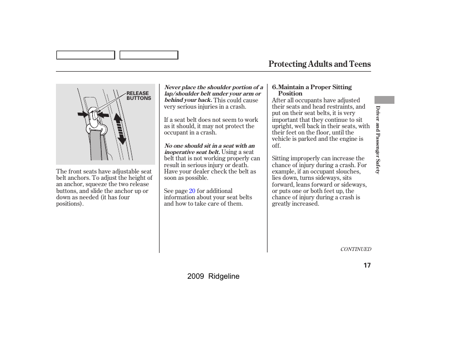 Protecting adults and teens, 2009 ridgeline | HONDA 2009 Ridgeline User Manual | Page 21 / 427