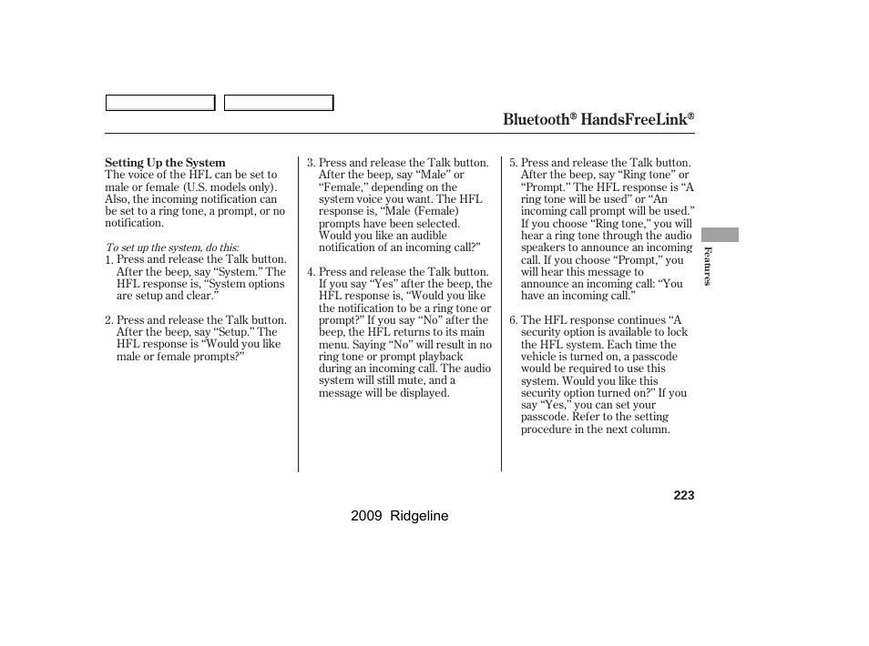 Bluetooth handsfreelink | HONDA 2009 Ridgeline User Manual | Page 227 / 427