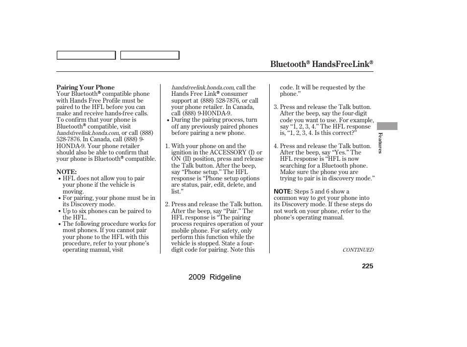 Bluetooth handsfreelink | HONDA 2009 Ridgeline User Manual | Page 229 / 427