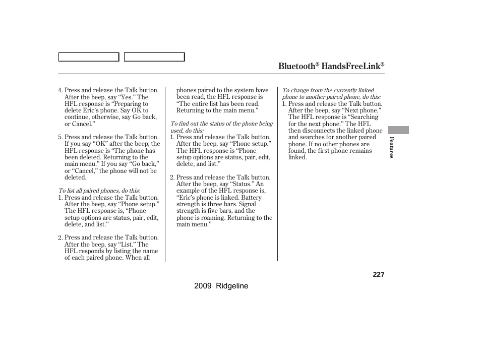 Bluetooth handsfreelink | HONDA 2009 Ridgeline User Manual | Page 231 / 427