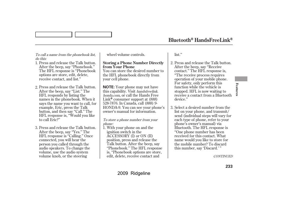 Bluetooth handsfreelink | HONDA 2009 Ridgeline User Manual | Page 237 / 427