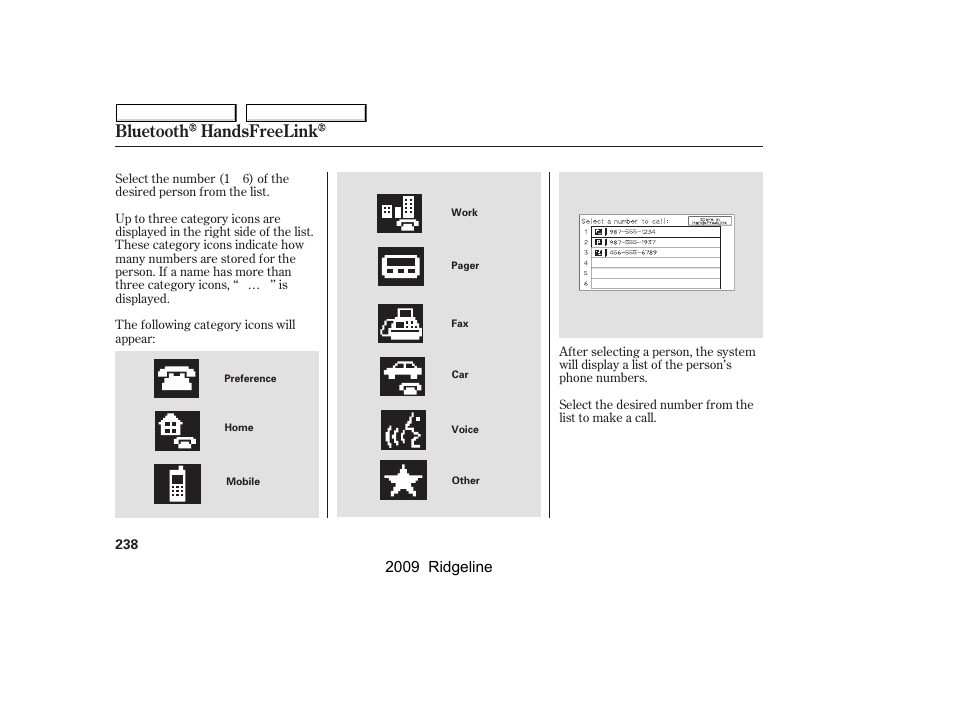 Bluetooth handsfreelink, 2009 ridgeline | HONDA 2009 Ridgeline User Manual | Page 242 / 427