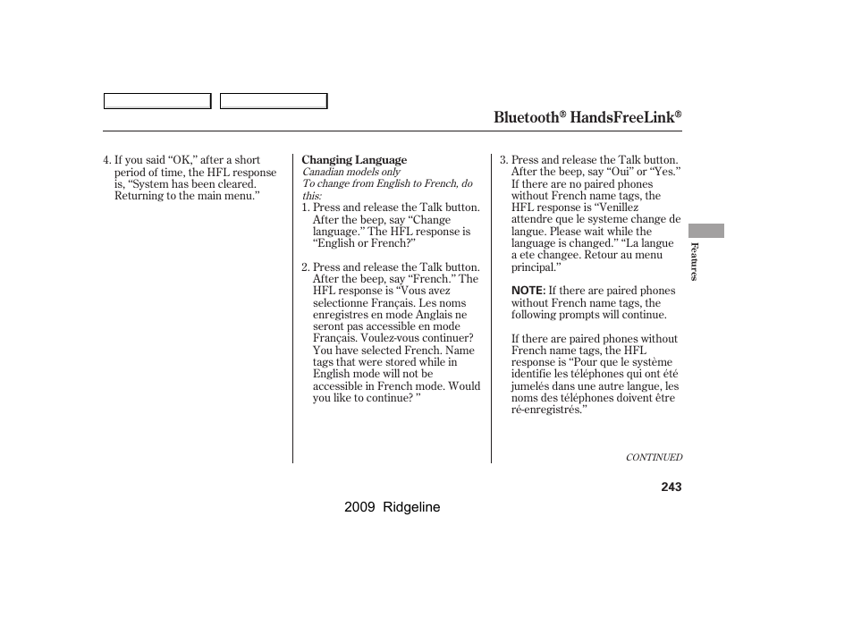 Bluetooth handsfreelink | HONDA 2009 Ridgeline User Manual | Page 247 / 427